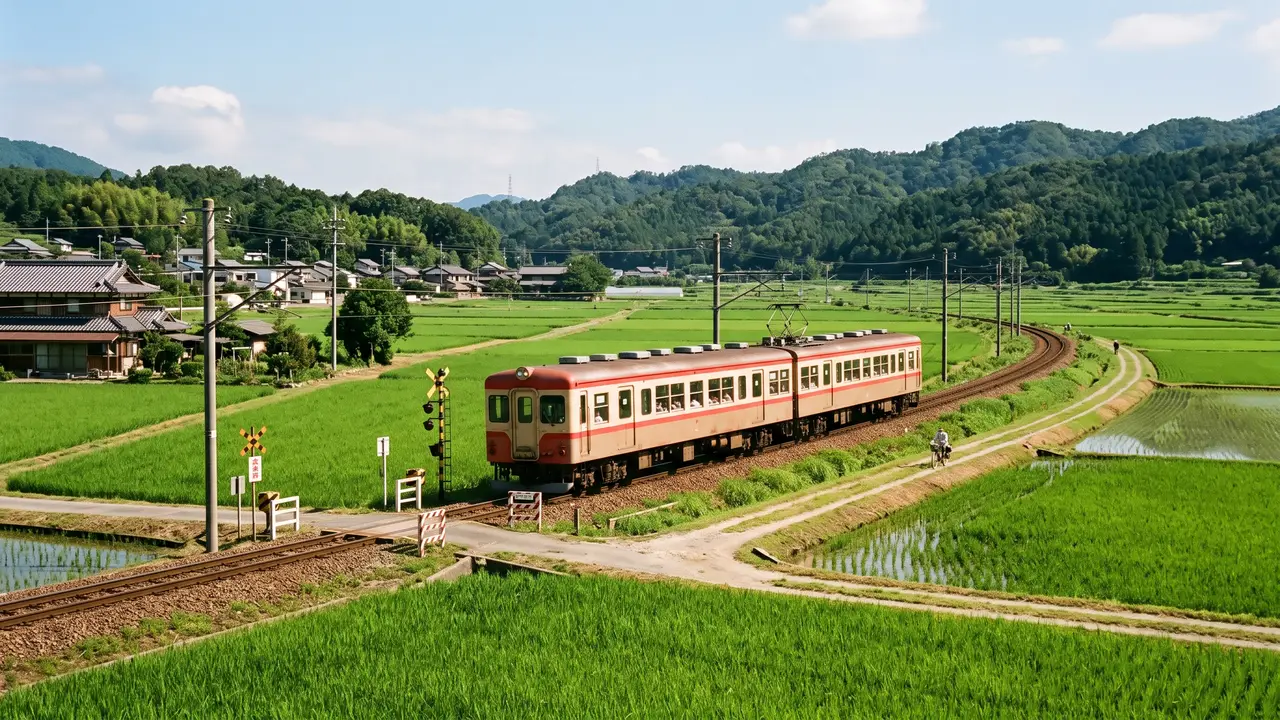 Un tren local de un solo vagón del Kobe Electric Railway cruzando entre arrozales verdes del norte de Kobe camino de Miki, bajo un cielo despejado