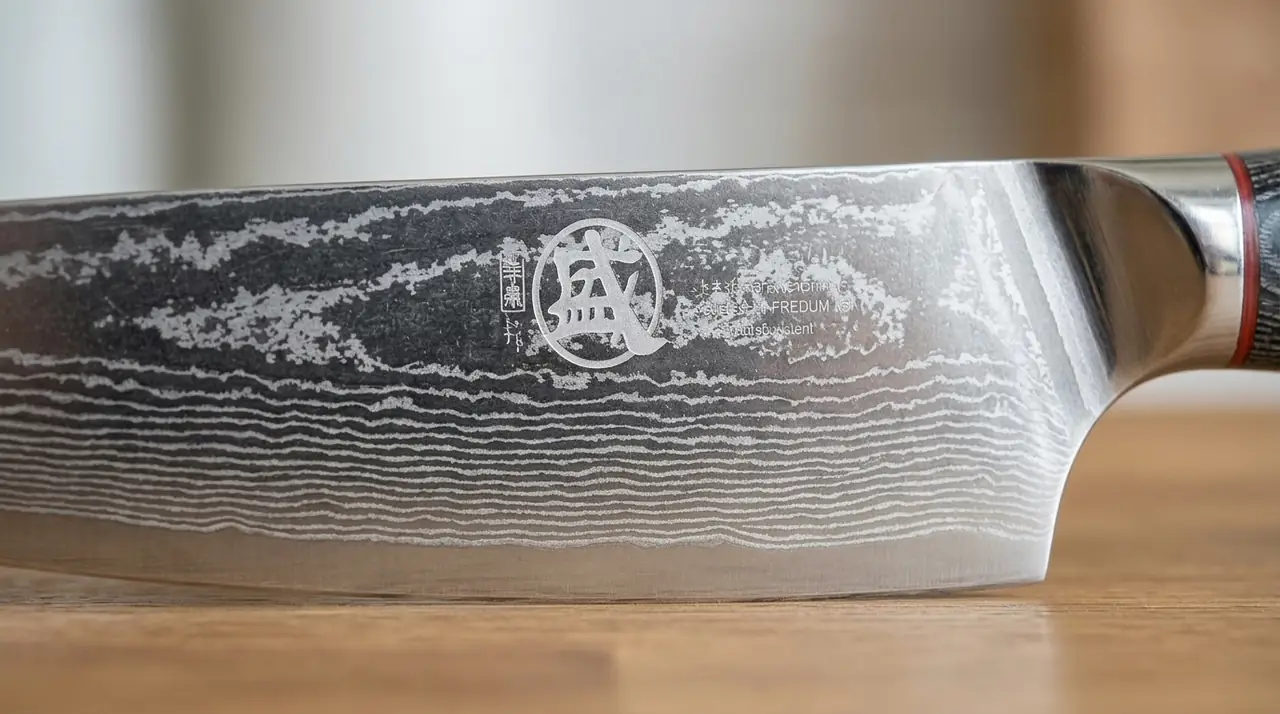 Detalle macro del filo de damasco de 67 capas con núcleo AUS-10 del MITSUMOTO SAKARI