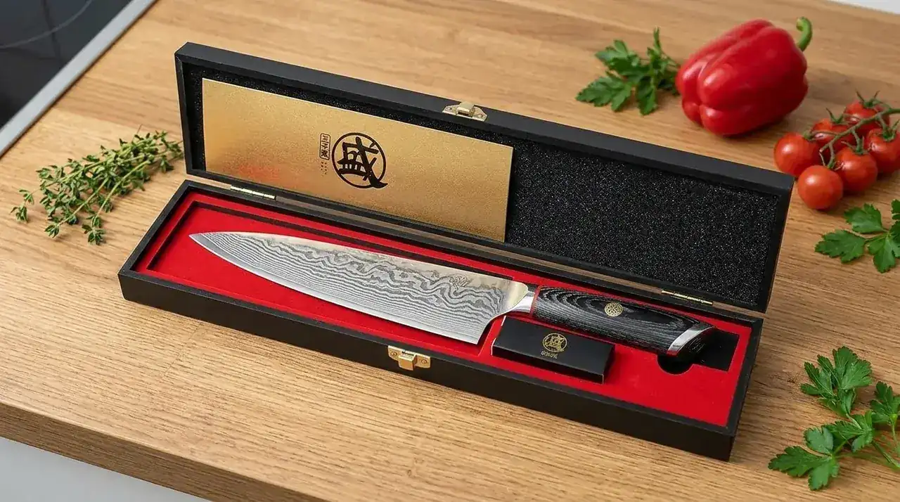 El MITSUMOTO SAKARI Gyuto AUS-10 de damasco en su estuche de regalo abierto, con la tarjeta dorada y verduras