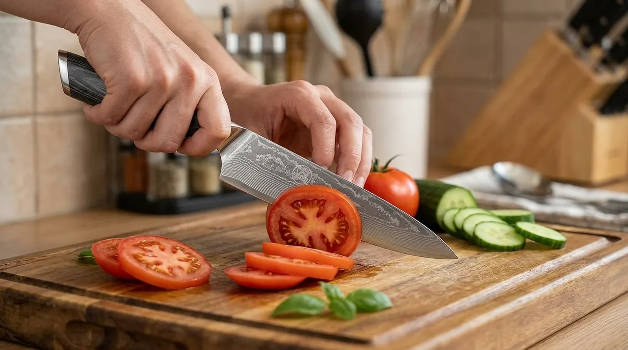 El MITSUMOTO SAKARI Gyuto cortando verdura sobre una tabla de madera en una cocina