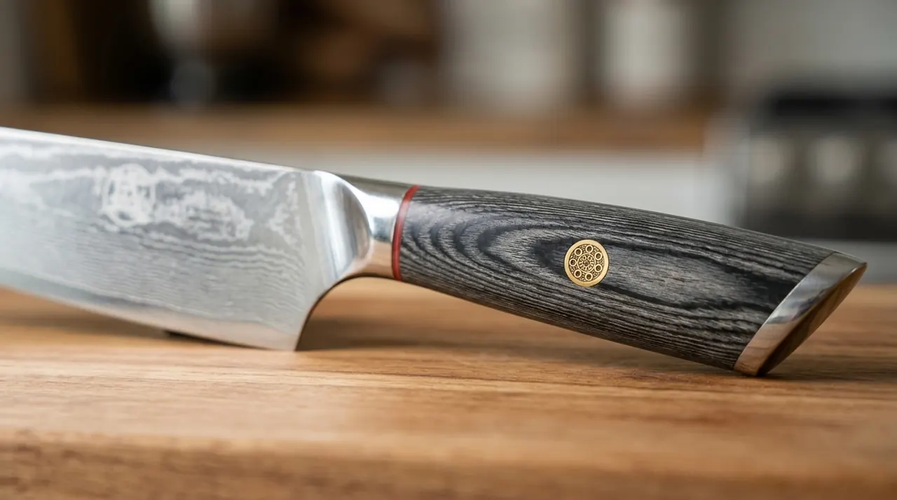 Detalle del mango de pakkawood del MITSUMOTO SAKARI Gyuto, con espiga y remaches