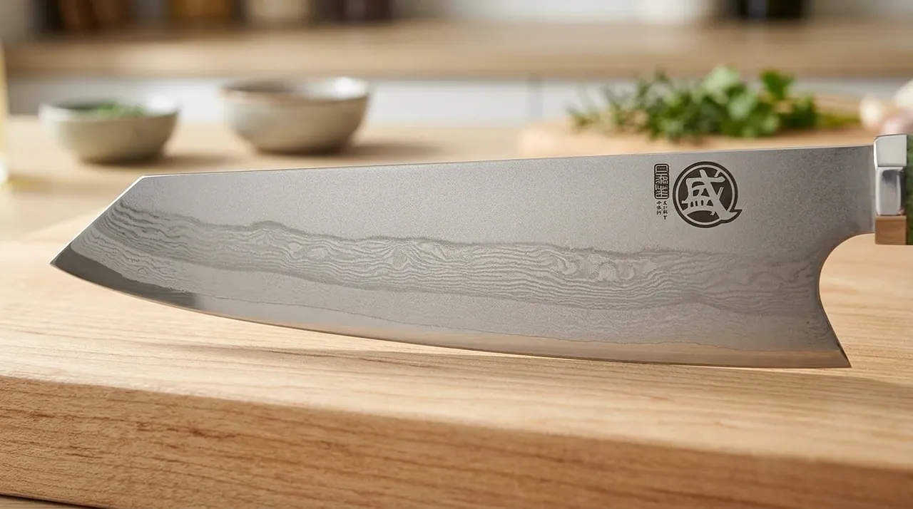 Detalle del patrón damasco y el grabado en la hoja del kiritsuke MITSUMOTO 440C