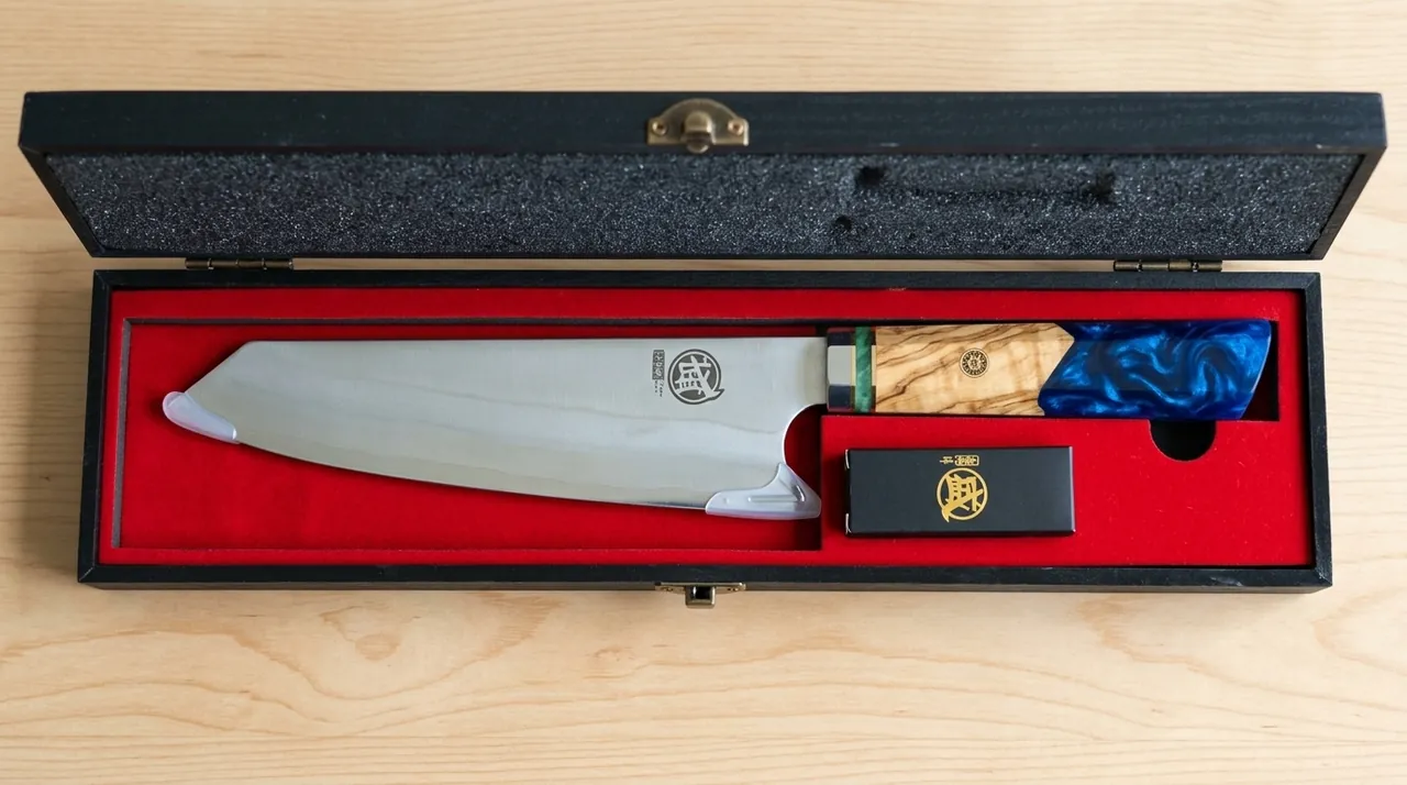 Estuche de madera abierto con el kiritsuke MITSUMOTO 440C de mango de resina azul sobre forro rojo