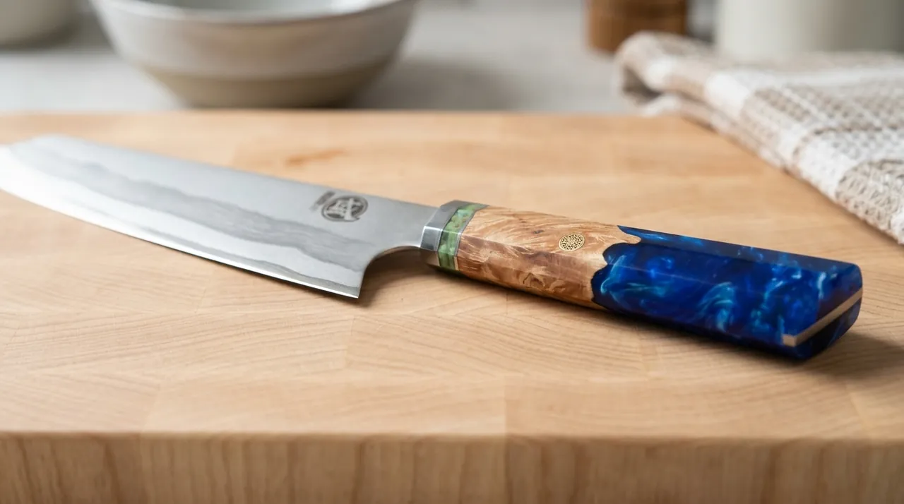Mango de resina azul y madera del kiritsuke MITSUMOTO 440C con virola metálica y medallón dorado
