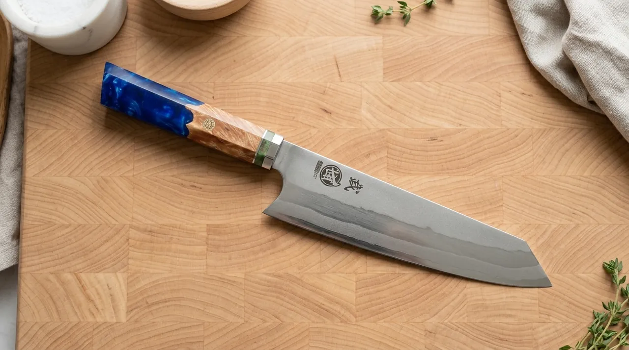Cuchillo kiritsuke MITSUMOTO SAKARI de acero damasco 440C con punta angular sobre tabla de madera
