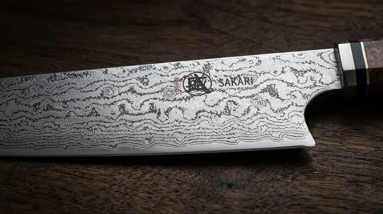 Detalle del patrón damasco sobre la hoja del kiritsuke MITSUMOTO AUS-10