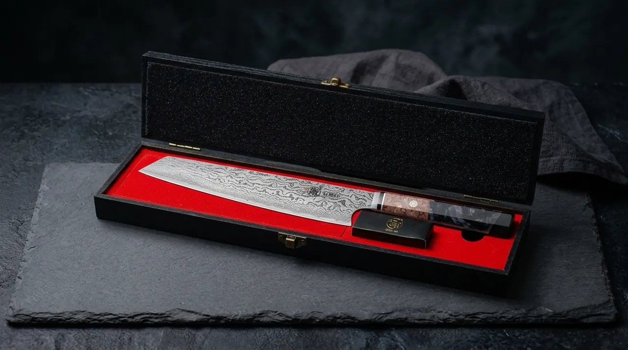 Kiritsuke MITSUMOTO AUS-10 en su estuche de madera con la botellita de aceite al lado