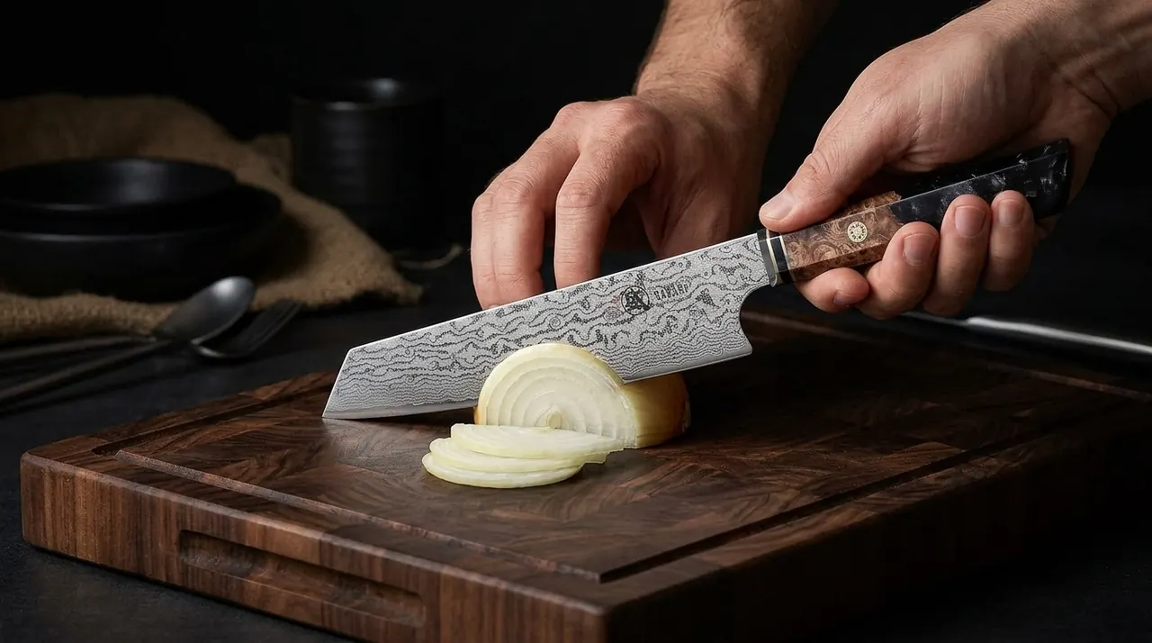 El kiritsuke MITSUMOTO AUS-10 cortando una verdura sobre tabla de madera, sujeto con las dos manos