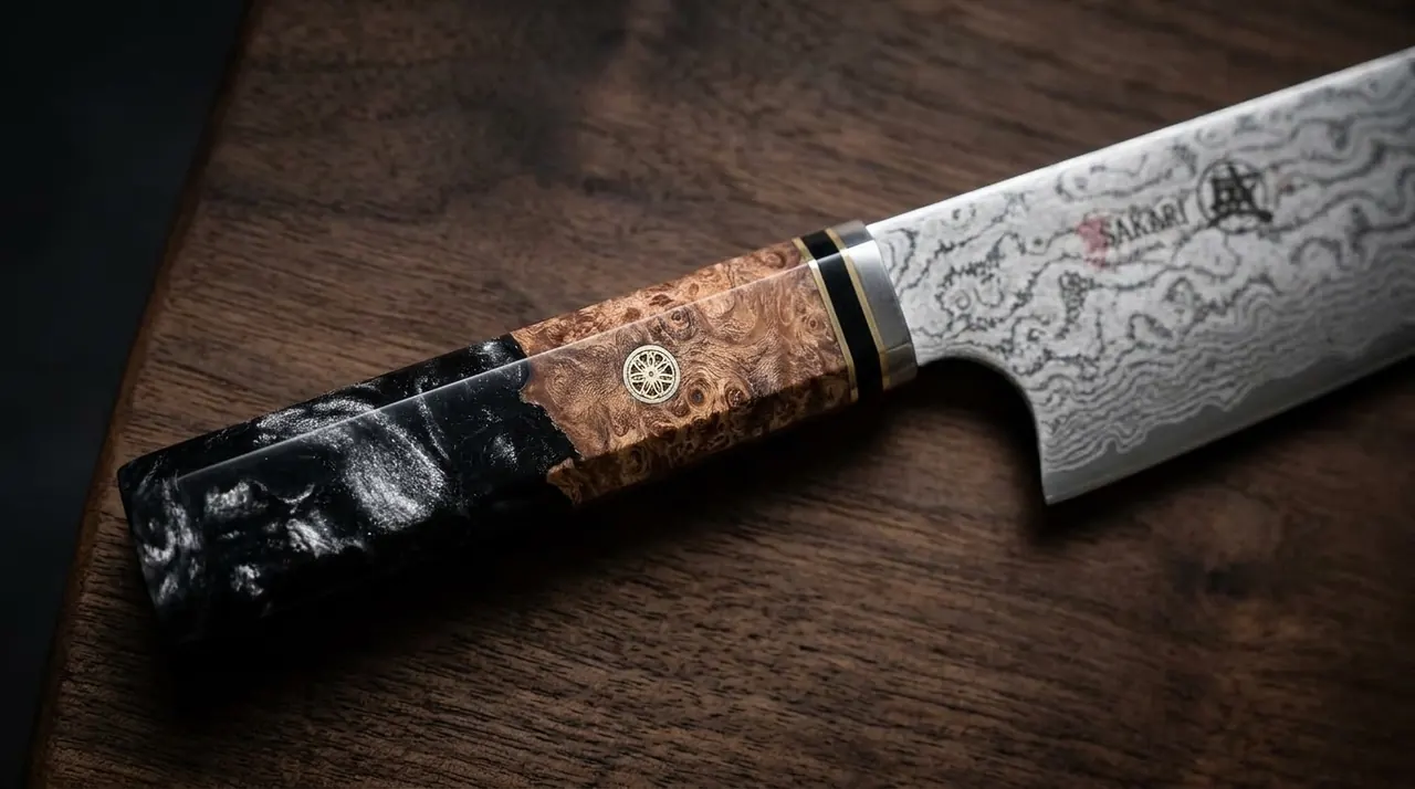Mango de resina negra y madera estabilizada del kiritsuke MITSUMOTO AUS-10 con remache decorativo y virola metálica