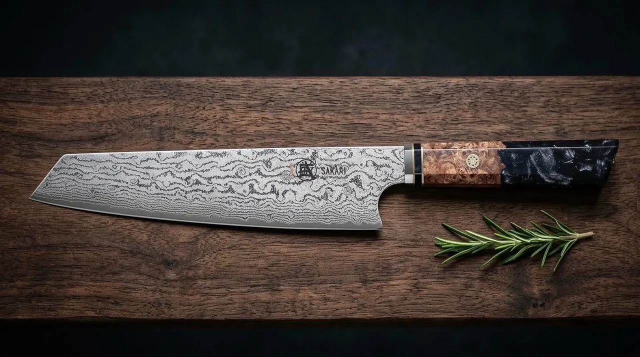 Cuchillo kiritsuke MITSUMOTO SAKARI de acero damasco AUS-10 de 22 cm con punta angular sobre tabla oscura