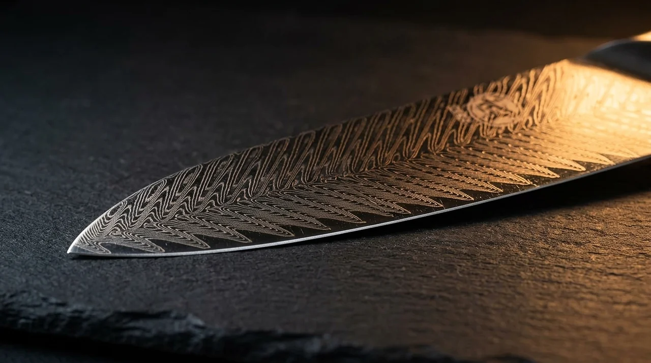 Detalle macro del damasco de 67 capas del MITSUMOTO SAKARI Santoku, con el patrón espina de pez
