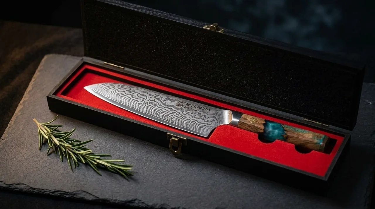 El MITSUMOTO SAKARI Santoku de damasco en su caja de regalo abierta, con la hoja a la vista