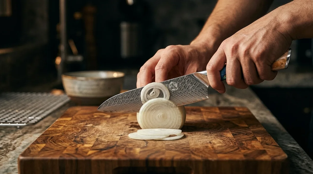 El MITSUMOTO SAKARI Santoku cortando verdura sobre tabla de madera