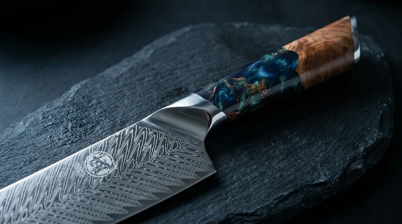 Detalle del mango de madera de nanmu del MITSUMOTO SAKARI Santoku, con la virola