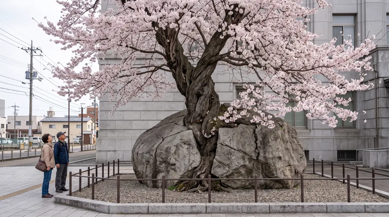 El cerezo Ishiwarizakura en flor, con el tronco saliendo de la grieta de una gran roca de granito, en pleno centro de Morioka