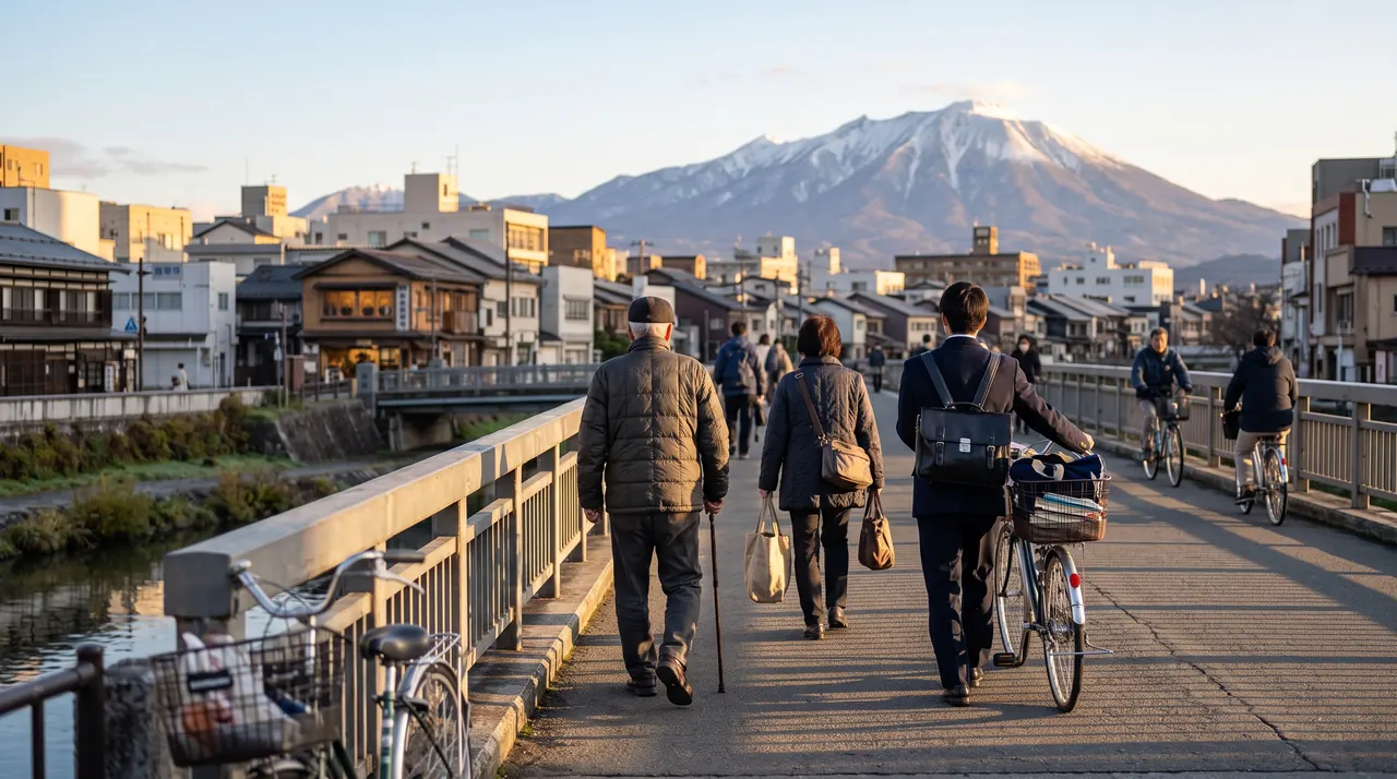 Vecinos de Morioka cruzando a pie y en bicicleta el puente sobre el río Kitakami al atardecer, con el monte Iwate al fondo