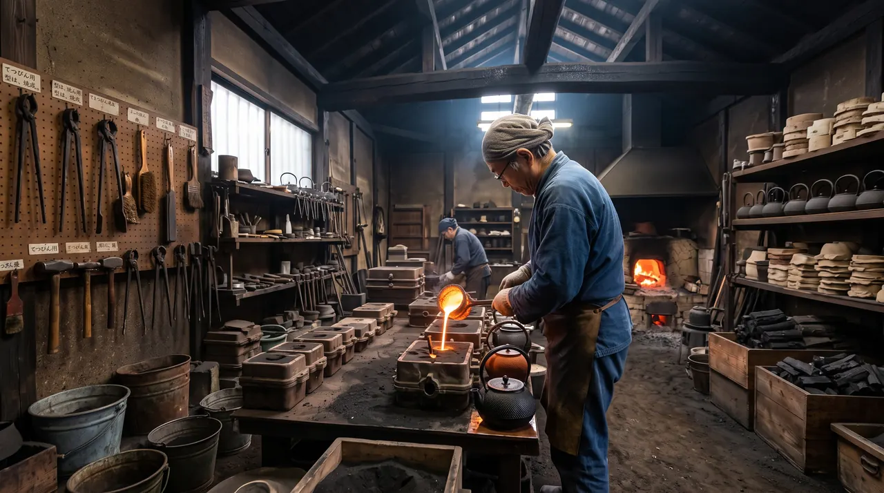 Un artesano vierte hierro fundido en un molde de arena dentro de un taller de Morioka, con el horno encendido al fondo y teteras terminadas en las estanterías