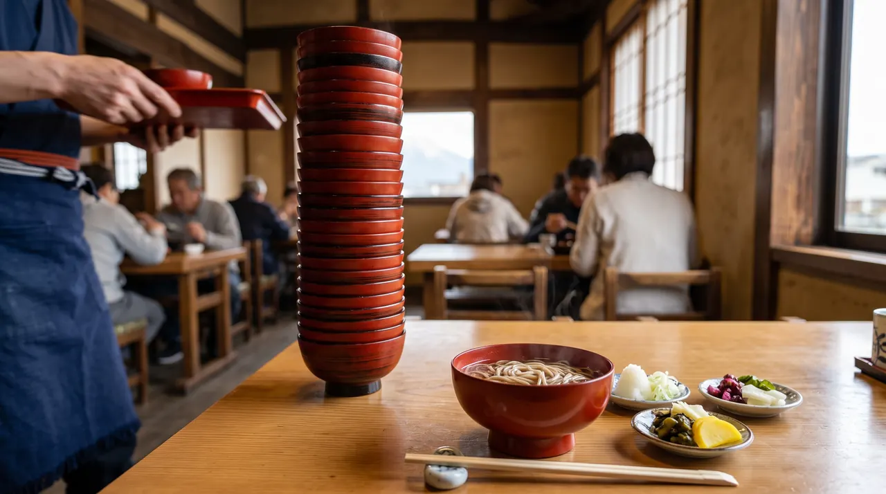 Torre de cuencos de laca roja apilados junto a un cuenco de fideos soba en un restaurante tradicional de Morioka