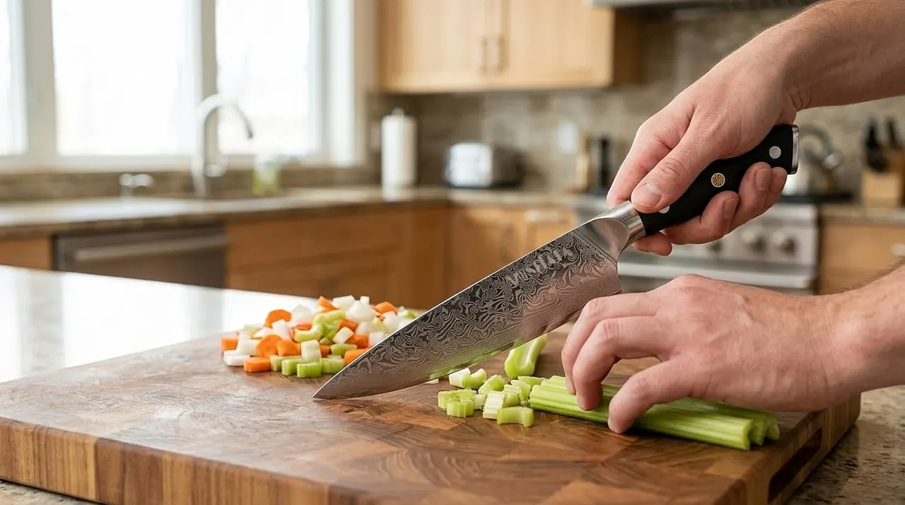 El MOSFiATA Chef cortando verdura sobre una tabla de madera en una cocina