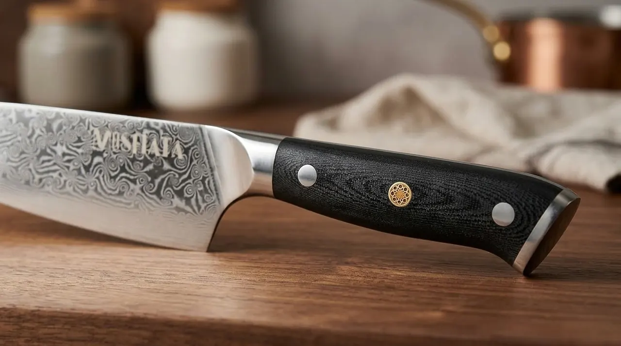 Detalle del mango de G10 negro con triple remache del MOSFiATA Chef