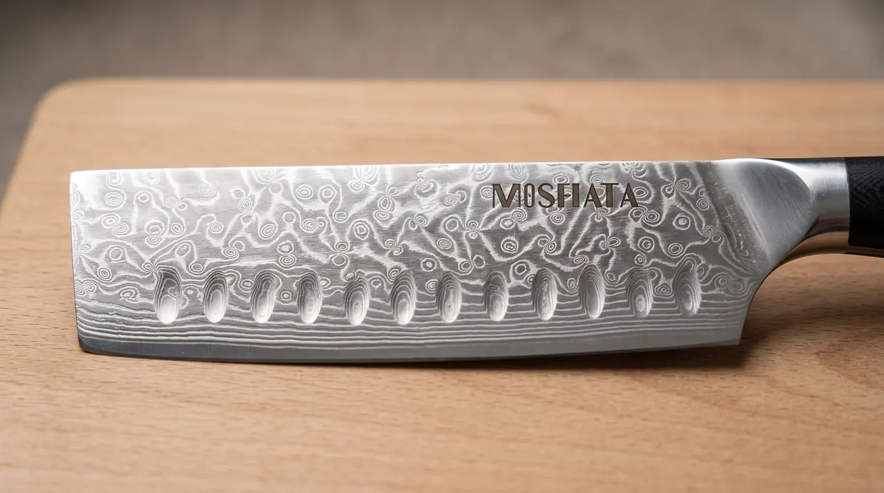Detalle macro del filo de damasco de 67 capas del MOSFiATA Nakiri, con el núcleo al cobalto laminado