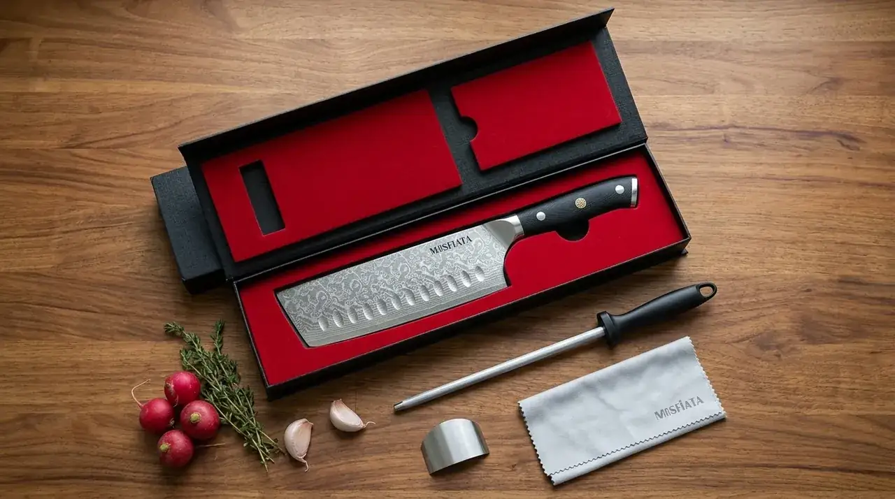 El MOSFiATA Nakiri de damasco en su caja de regalo abierta, con la chaira, el paño y verduras