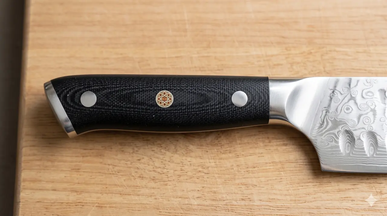 Detalle del mango de G10 negro con triple remache del MOSFiATA Nakiri
