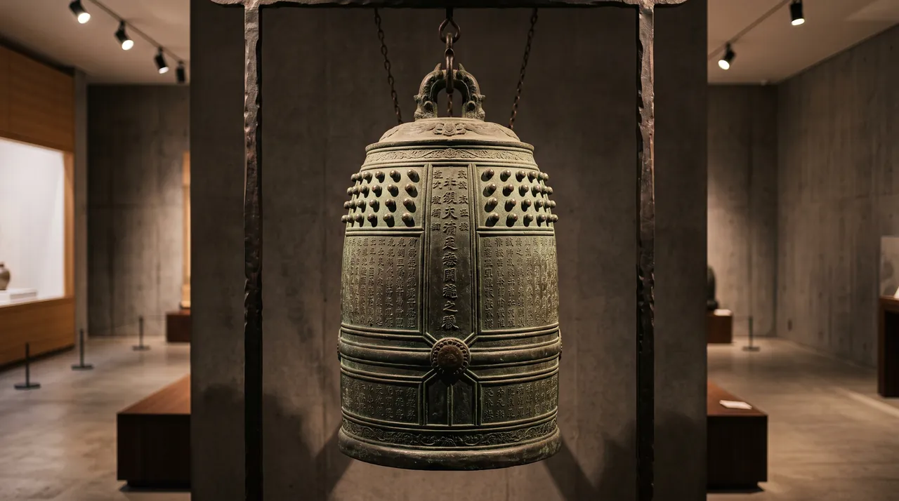 La campana de bronce Bankoku Shinryō colgada de su bastidor en la sala del museo, con la pátina verde y la inscripción grabada cubriendo el cuerpo