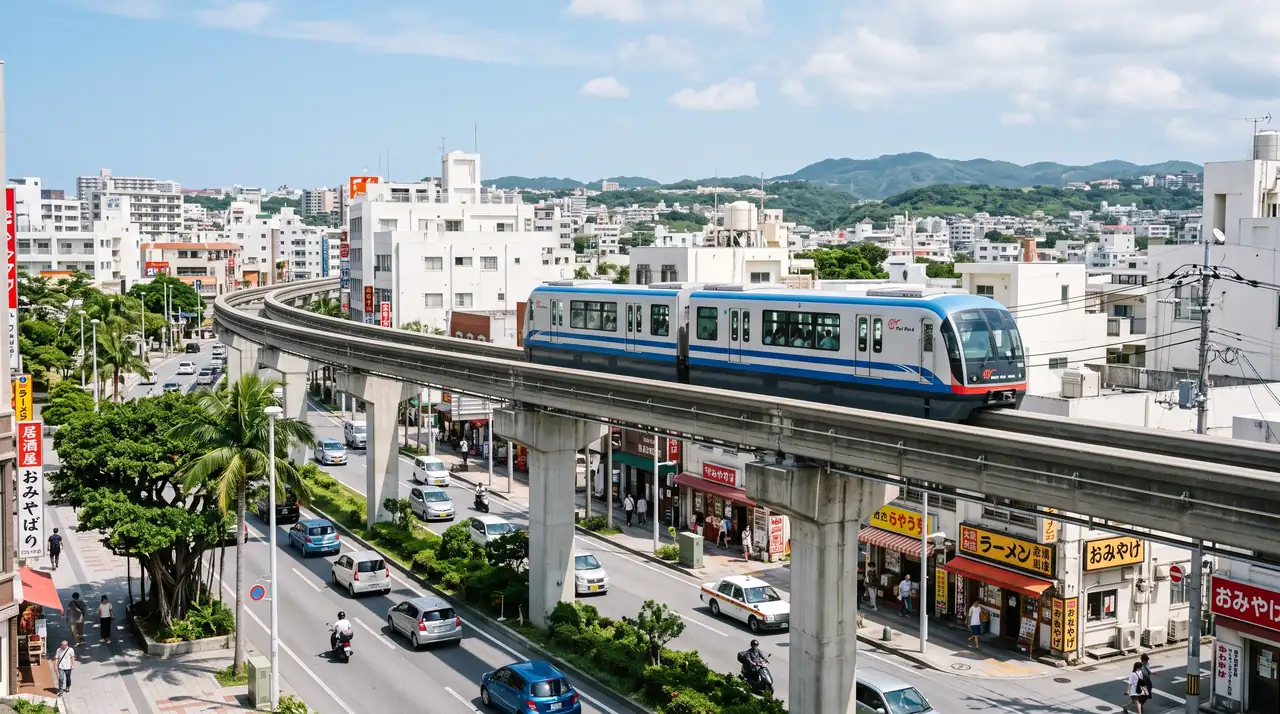 Un tren del monorraíl Yui Rail circulando por su vía elevada sobre una avenida de Naha, con la ciudad baja y las montañas al fondo
