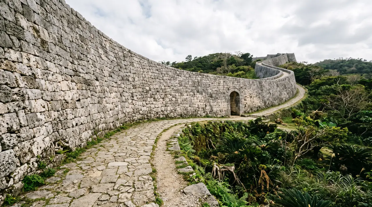 La muralla de piedra coralina de un gusuku de Okinawa curvándose a lo largo de la ladera, con una puerta de arco de piedra y vegetación subtropical al pie del muro