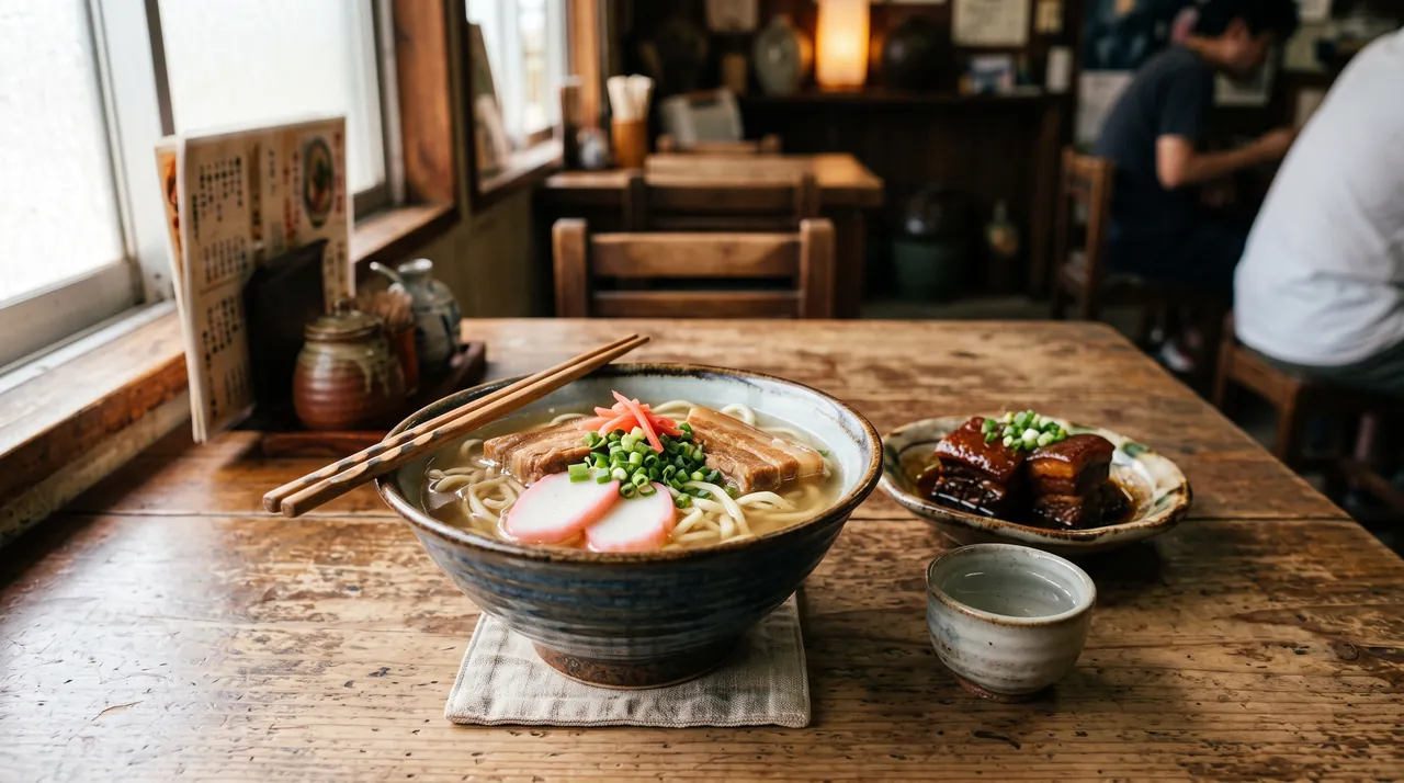 Un cuenco de okinawa soba con fideo grueso de trigo, panceta y kamaboko sobre una mesa de madera, junto a un plato de rafute y una copita de awamori