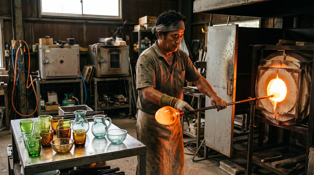 Un soplador saca del horno una masa de vidrio al rojo con la caña, junto a una mesa con vasos y jarras de vidrio de Ryukyu verdes, ámbar y azules llenos de burbujas