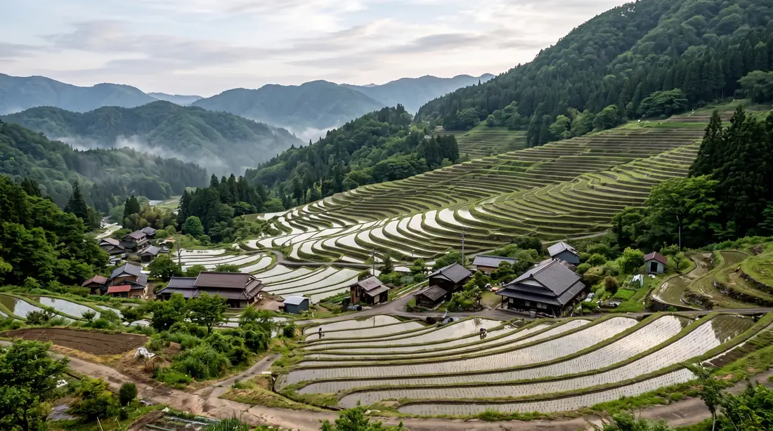 Arrozales en terraza de Fukuyori trepando por la ladera sobre un caserío rural de Okuizumo, los bancales inundados reflejando el cielo con montañas y niebla al fondo