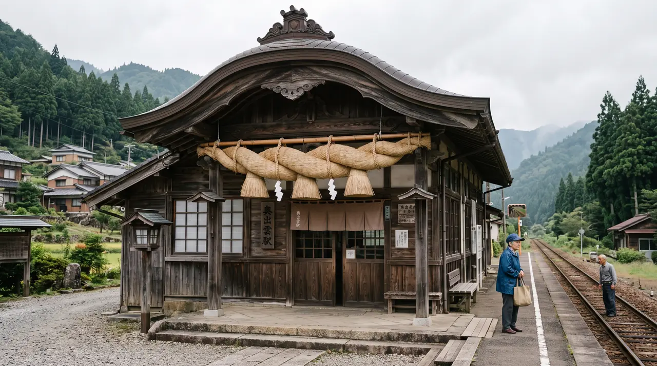 La estación de Izumo-Yokota, un edificio de madera de 1934 con forma de santuario y una gran cuerda sagrada shimenawa colgando sobre la entrada, en un pueblo de montaña de Okuizumo