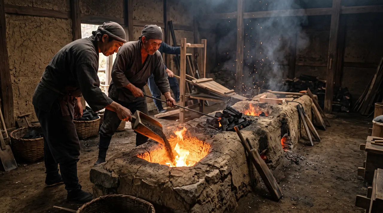 Dos trabajadores con ropa tradicional alimentando un horno tatara al rojo en Okuizumo, uno vertiendo arena de hierro y el otro atizando el carbón, con cestas de carbón alrededor