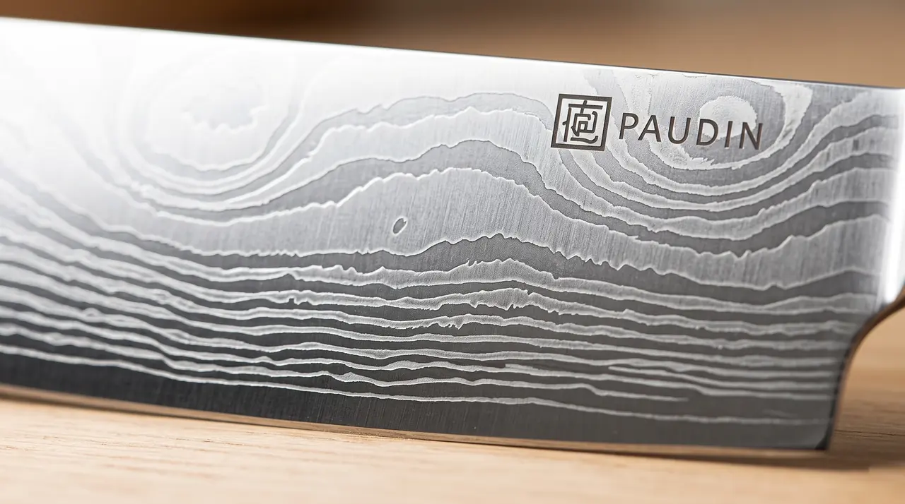 Detalle del filo del PAUDIN Nakiri 17 cm, con el patrón ondulado sobre el acero macizo