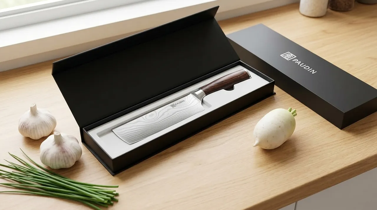 El PAUDIN Nakiri de acero macizo con patrón ondulado en su estuche de regalo abierto, con verduras alrededor