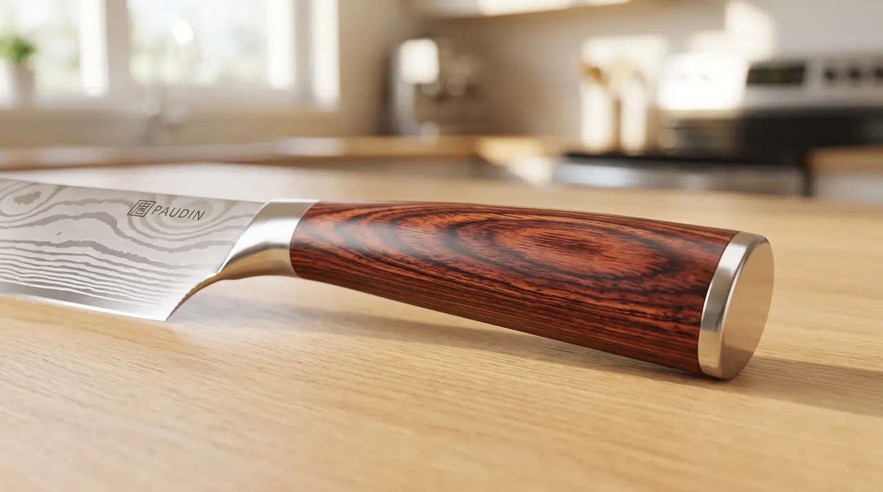 Detalle del mango de pakkawood ergonómico del PAUDIN Nakiri 17 cm