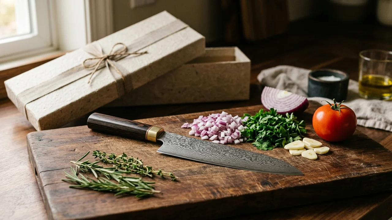 Cuchillo japonés de damasco junto a una tabla de madera y verduras recién cortadas, como idea de regalo para quien disfruta cocinando
