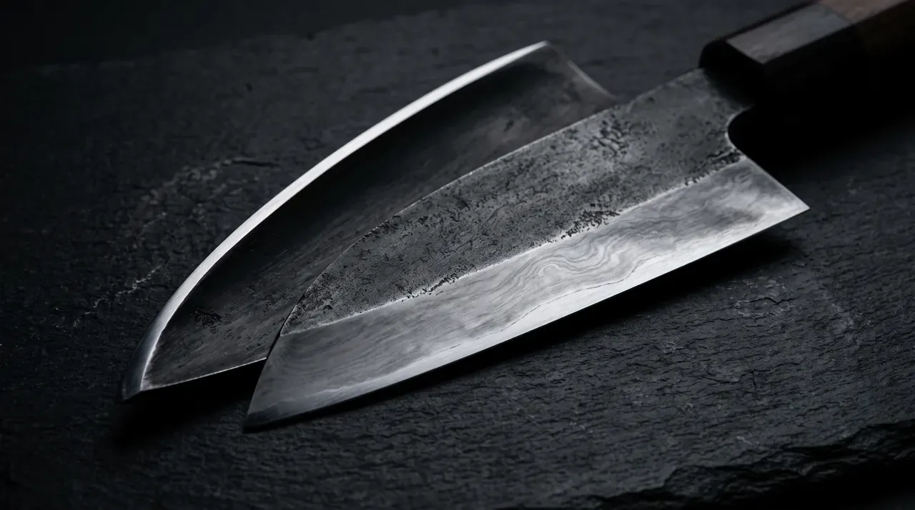 Primer plano de la geometría de un cuchillo japonés de un solo bisel: la cara ancha con el bisel plano y el acabado nublado kasumi, y el reverso casi plano con su sutil concavidad