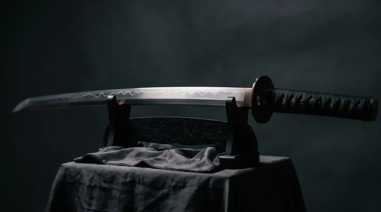 Una katana antigua sobre su soporte de madera, con una línea de luz que revela el hamon ondulado del filo, símbolo del samurái a punto de perder su mundo