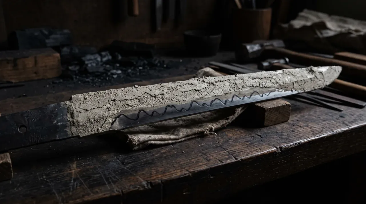 Una hoja japonesa cubierta con arcilla de temple, gruesa en el lomo y retirada en una línea ondulada cerca del filo, antes de entrar al fuego