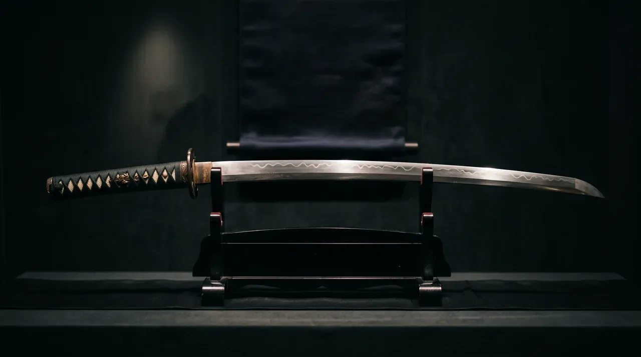 Una katana japonesa antigua sobre su soporte de madera lacada en negro, con la línea de temple ondulada recorriendo la hoja pulida