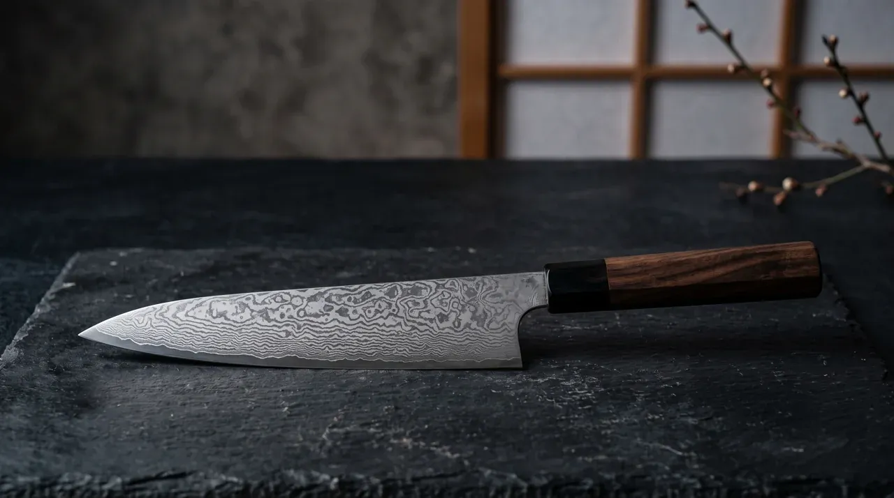 Primer plano de la hoja de un cuchillo japonés damasco, con el patrón ondulado de aguas recorriendo el acero pulido bajo una luz lateral