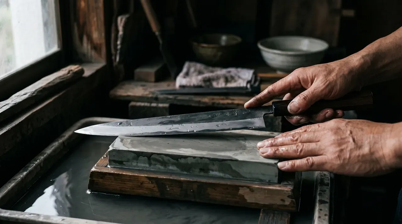 Un cuchillo japonés de un solo bisel sobre una piedra de agua, con el reverso plano hacia arriba, durante el afilado a mano