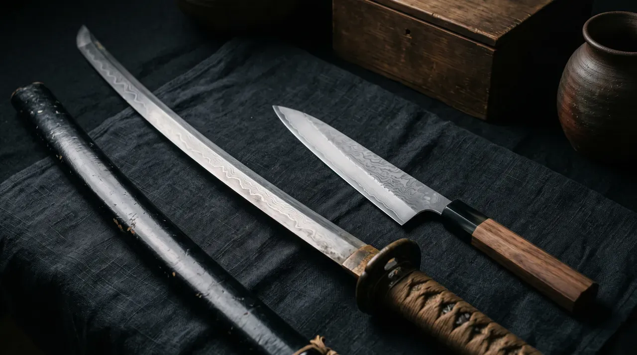 Una katana antigua y un cuchillo de cocina japonés moderno juntos, el oficio que pasó de la espada al filo de cocina