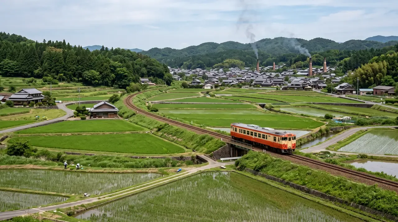 Tren local cruzando los arrozales de Okayama camino de Bizen Osafune, con las chimeneas de los hornos de Bizen-yaki de Imbe humeando al fondo