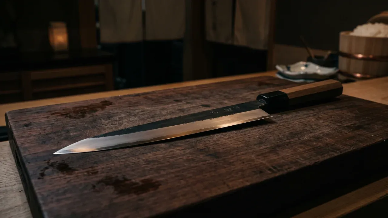 Un cuchillo japonés yanagiba de un solo filo apoyado por su cara plana sobre una tabla oscura, con la luz raspando el bisel único de la hoja