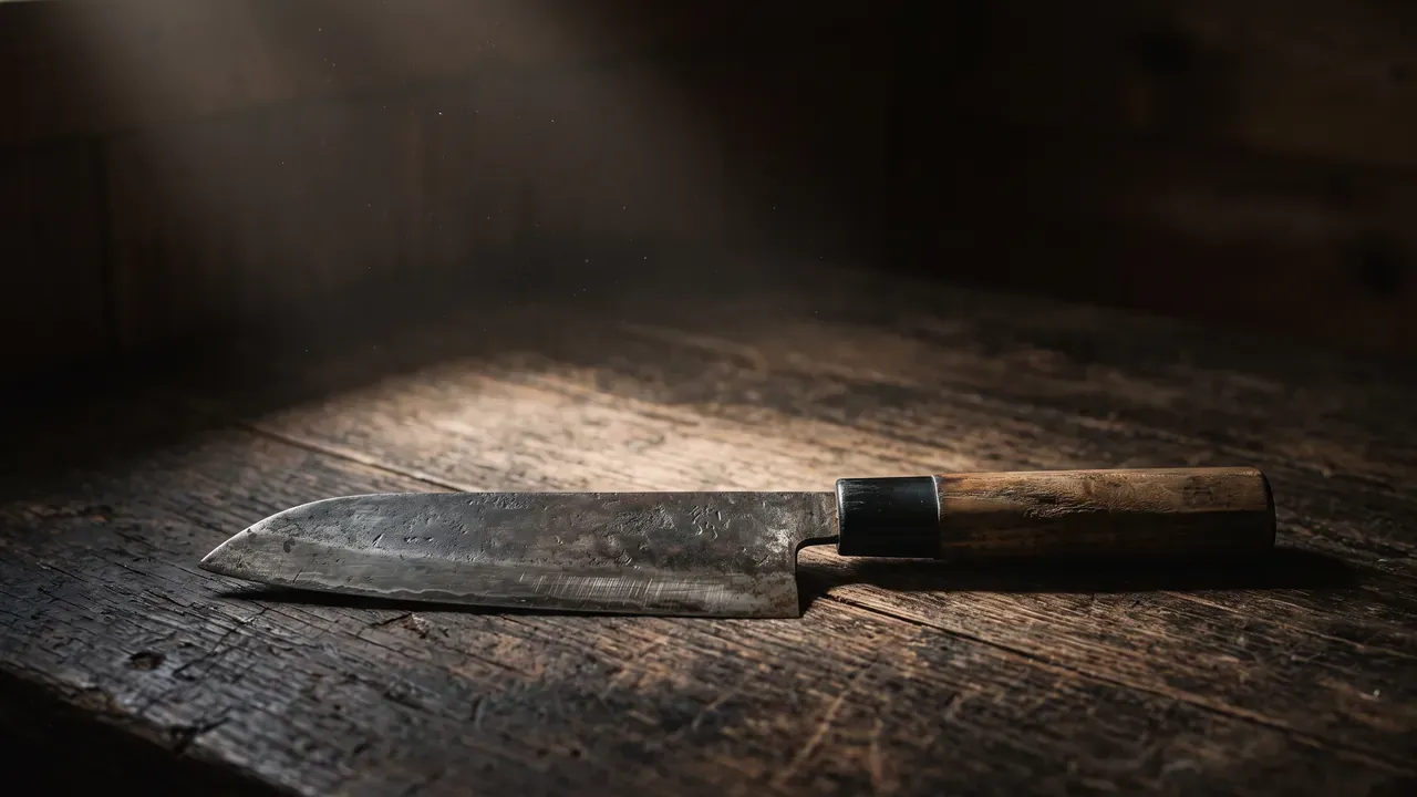 Un santoku antiguo de acero al carbono con pátina profunda y mango de magnolia desgastado, reposando sobre madera envejecida bajo un haz de luz suave