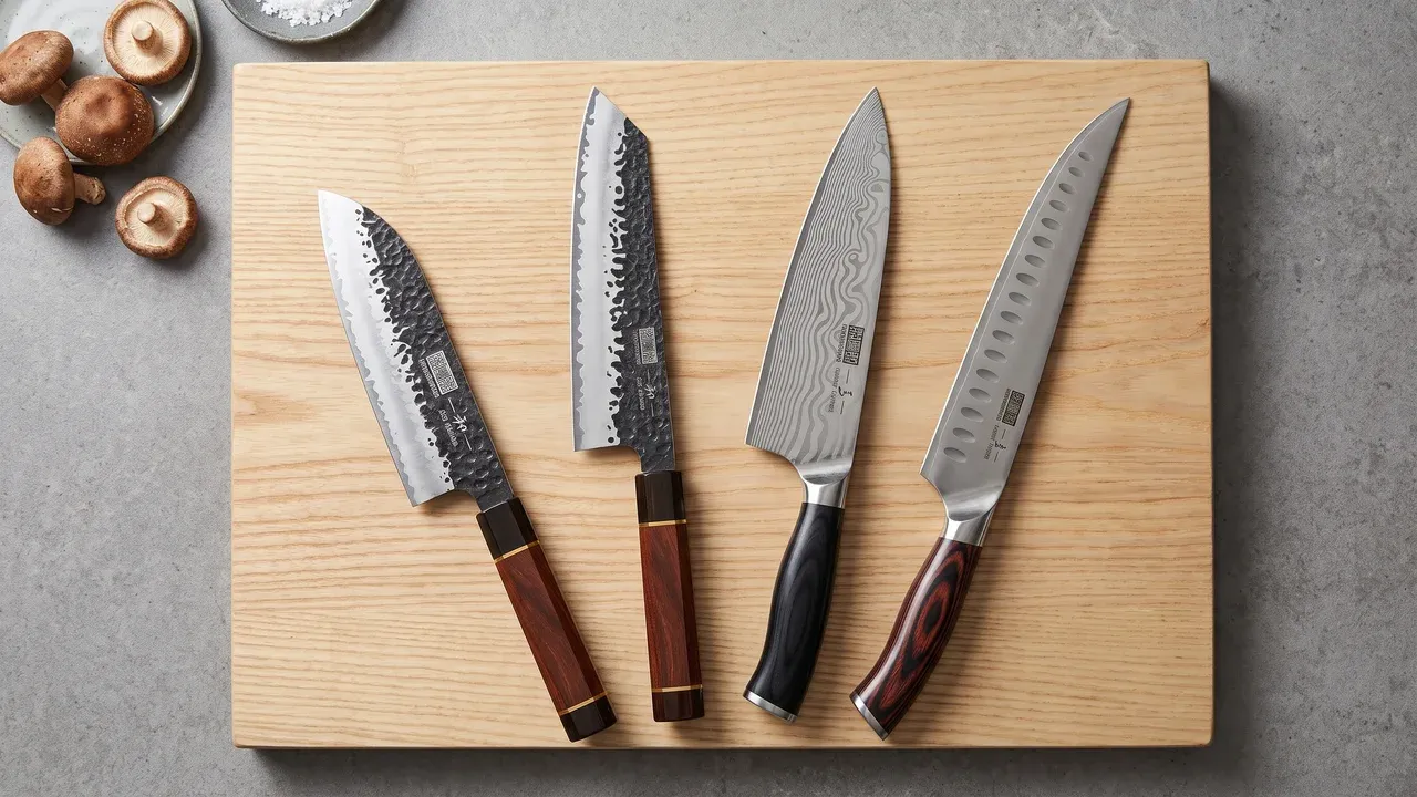 Cuatro cuchillos HOSHANHO sobre una tabla de fresno: santoku y kiritsuke de mango octogonal, chef de mango negro y cuchillo de carne con alvéolos